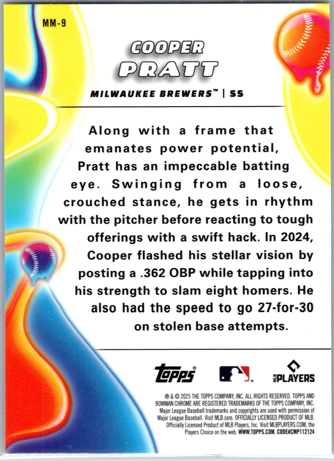 2025 Bowman Chrome Cooper Pratt Melt Mashers MM-9 Milwaukee Brewers Prospect