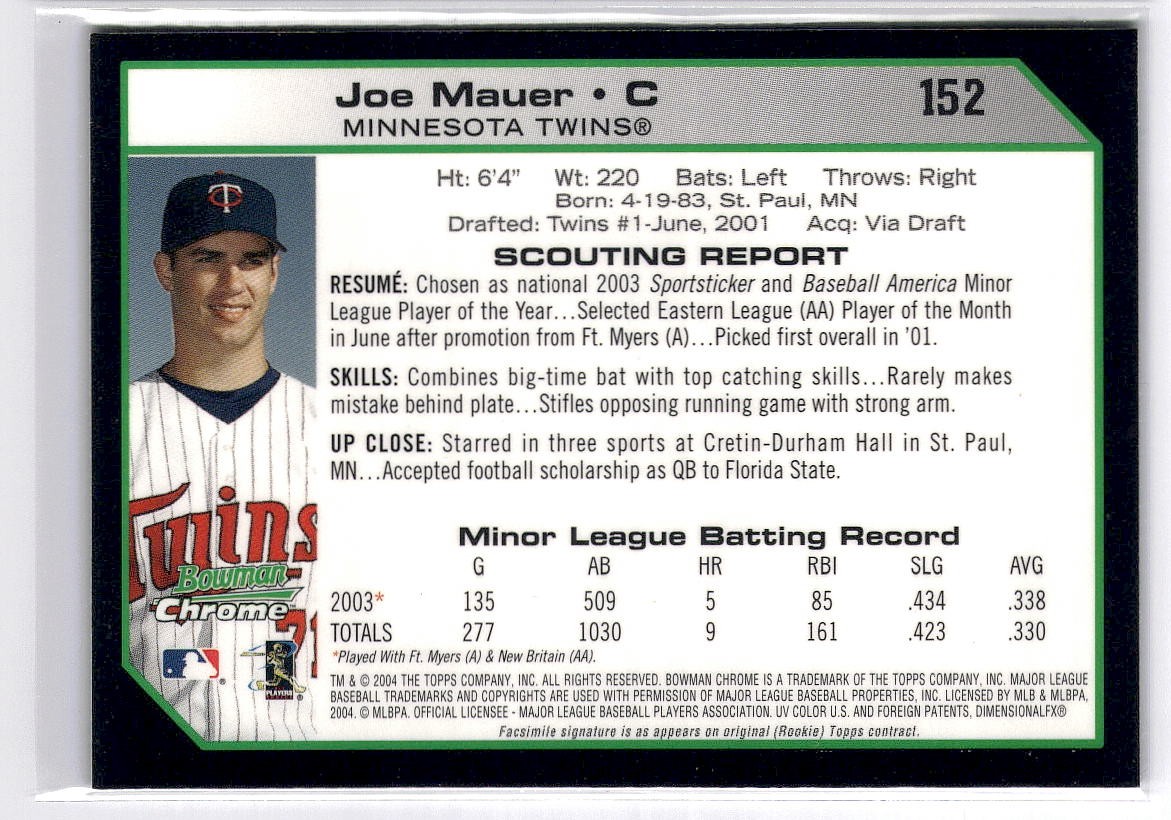 2004 Bowman Chrome #152 Joe Mauer Rookie Year RYC Twins