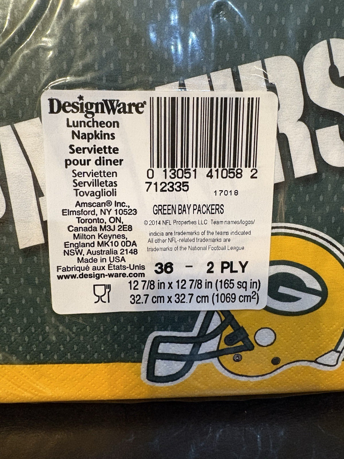 Green Bay Packers NFL Napkins 36-2 PLY 12 7/8” X 12 7/8” Square New In Packaging