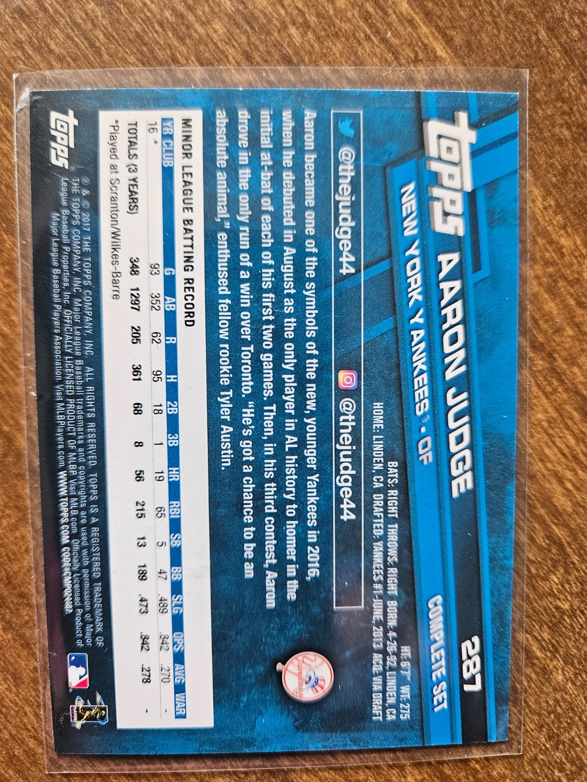 2017 TOPPS AARON JUDGE #287 RC SP