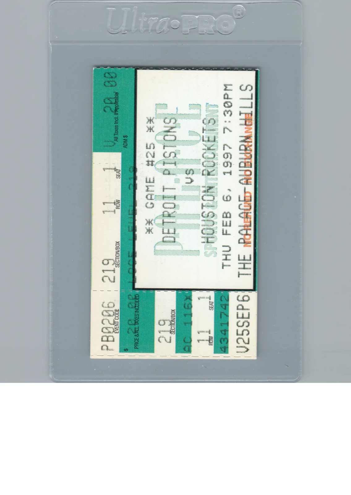Hakeem Olajuwon 18pt Grant Hill 16pt 8ast Ticket Stub 2-6-1997 Rockets Pistons