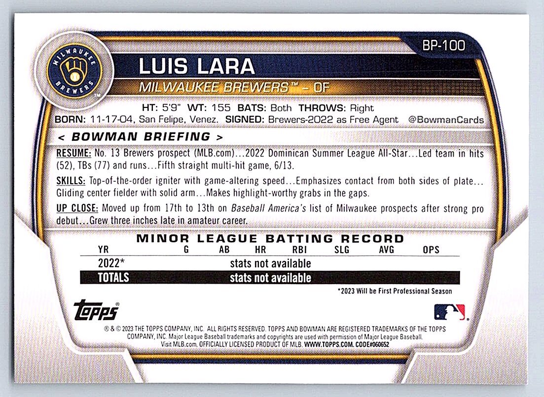 LUIS LARA BREWERS 2023 BOWMAN PROSPECTS #BP-100 –