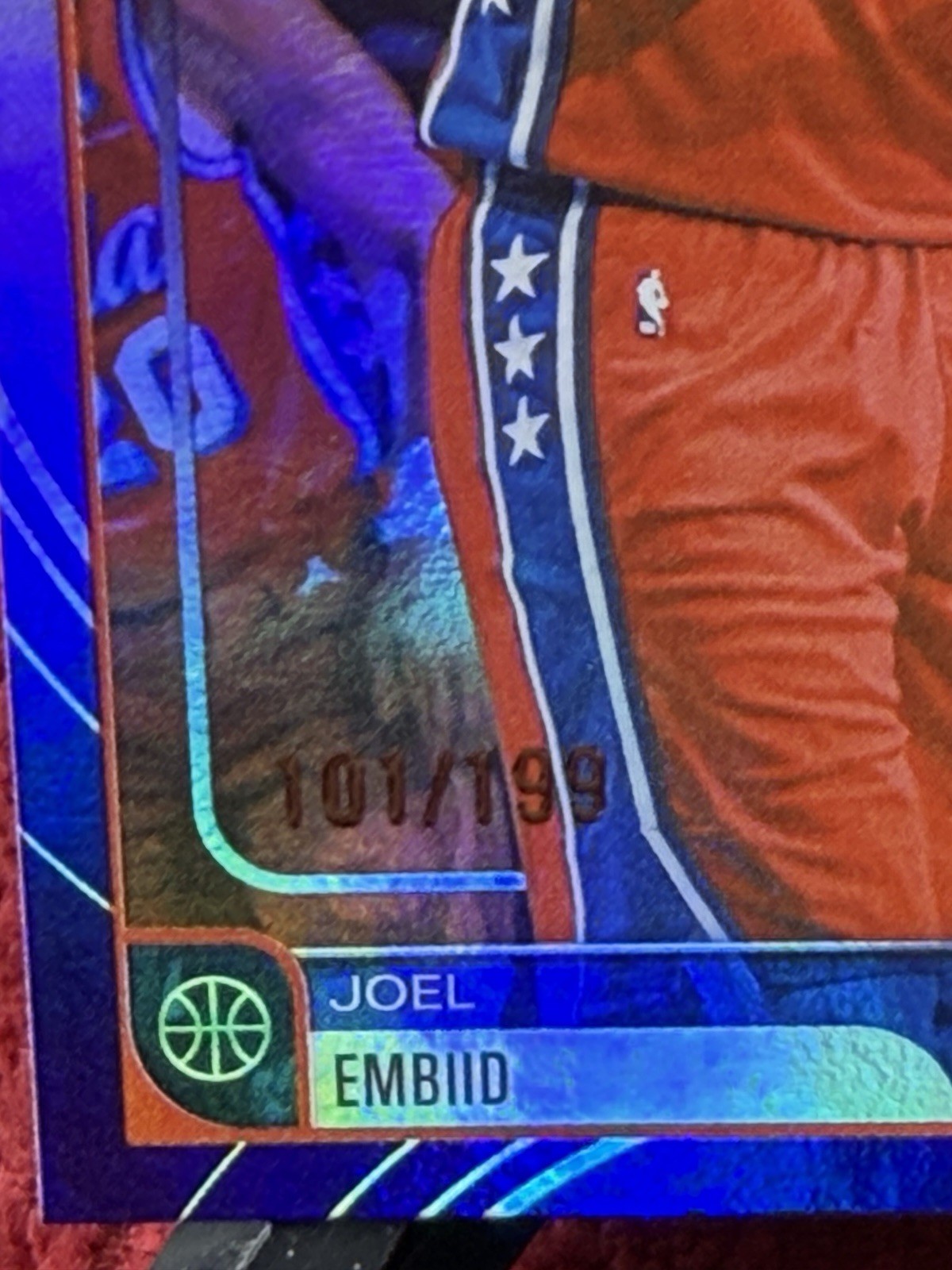 2025-26 NBA Hoops Joel Embiid #9 Rainbow & Blue Foil 101/199 Philadelphia 76ers