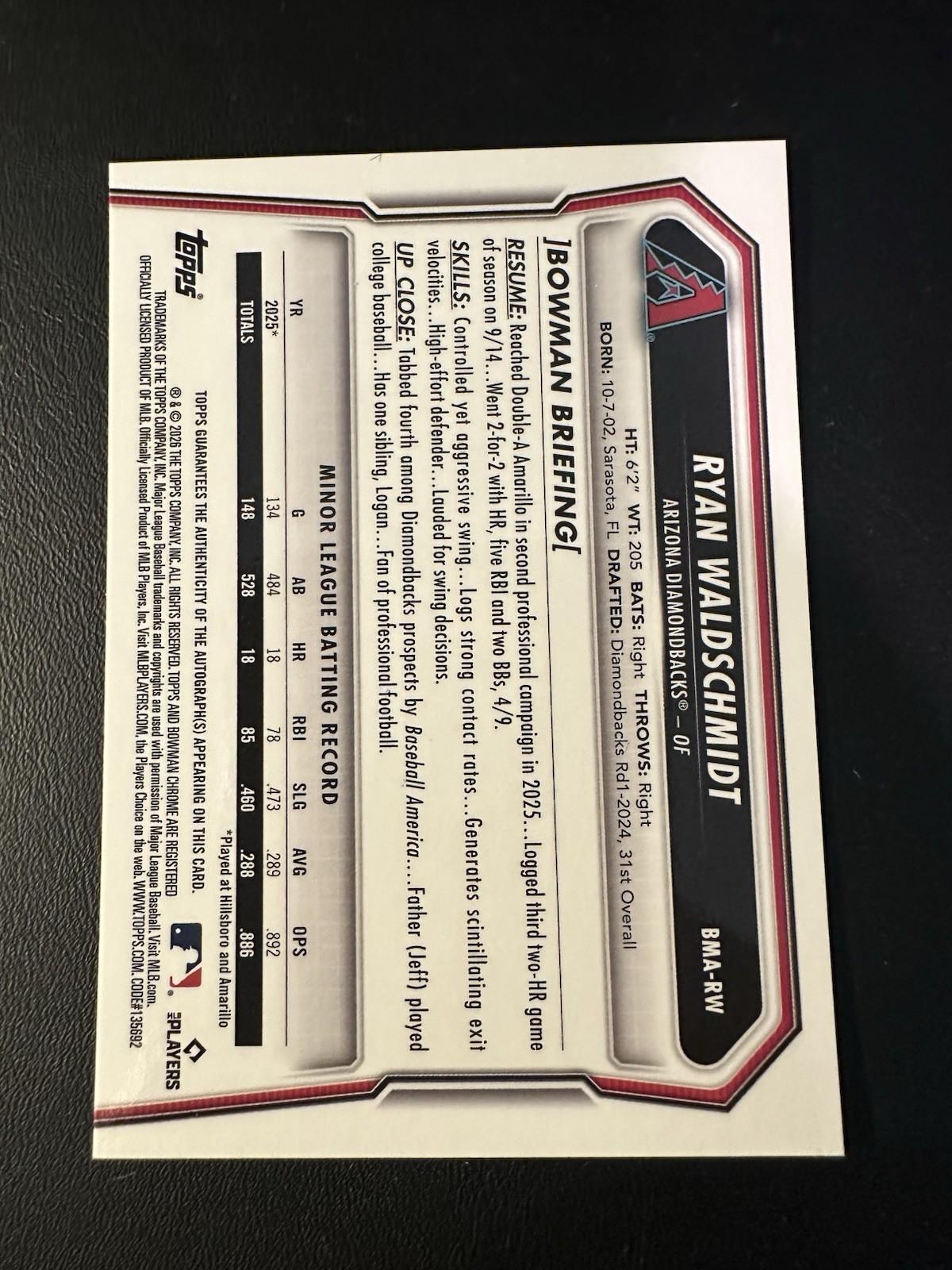 2026 Bowman Chrome Ryan Waldschmidt Auto Mojo Refractor #BMA-RW Diamondbacks