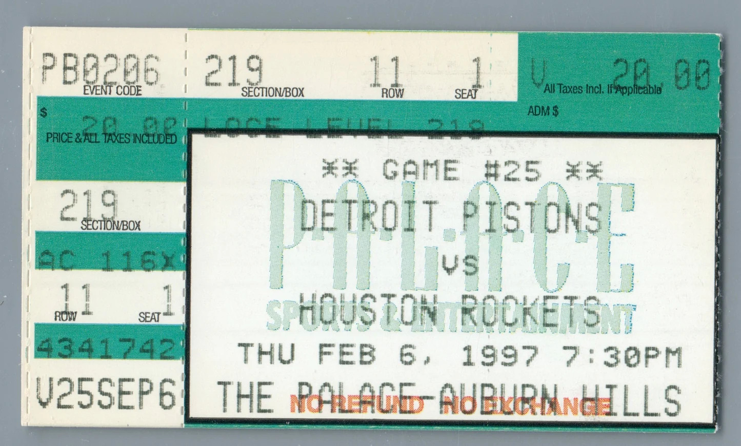Hakeem Olajuwon 18pt Grant Hill 16pt 8ast Ticket Stub 2-6-1997 Rockets Pistons