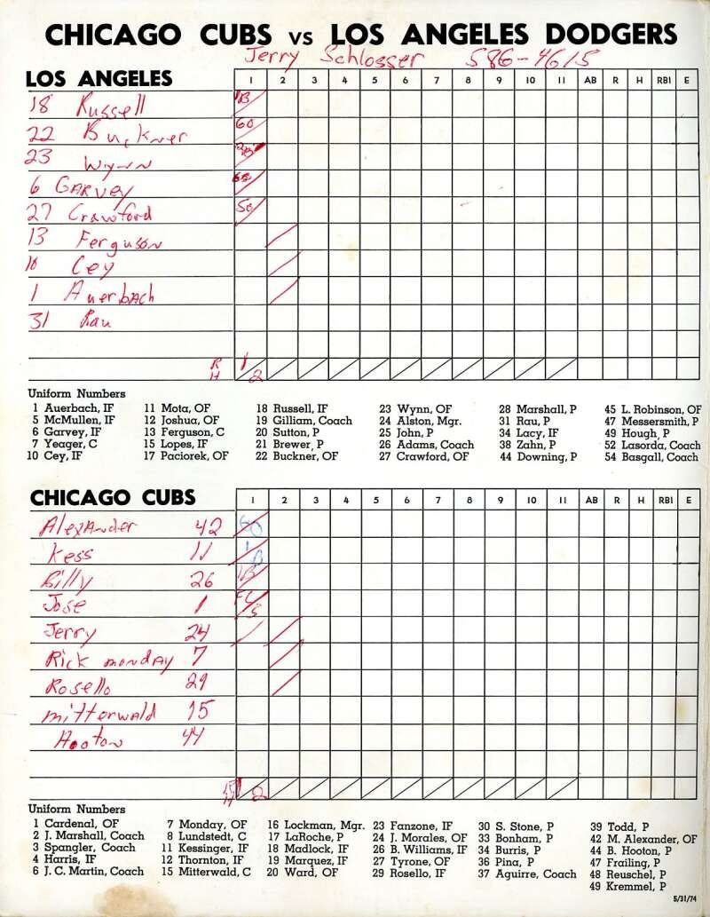 Willie Crawford McMullen Alexander 1974 Cubs vs Dodgers Game Program Signed by 4