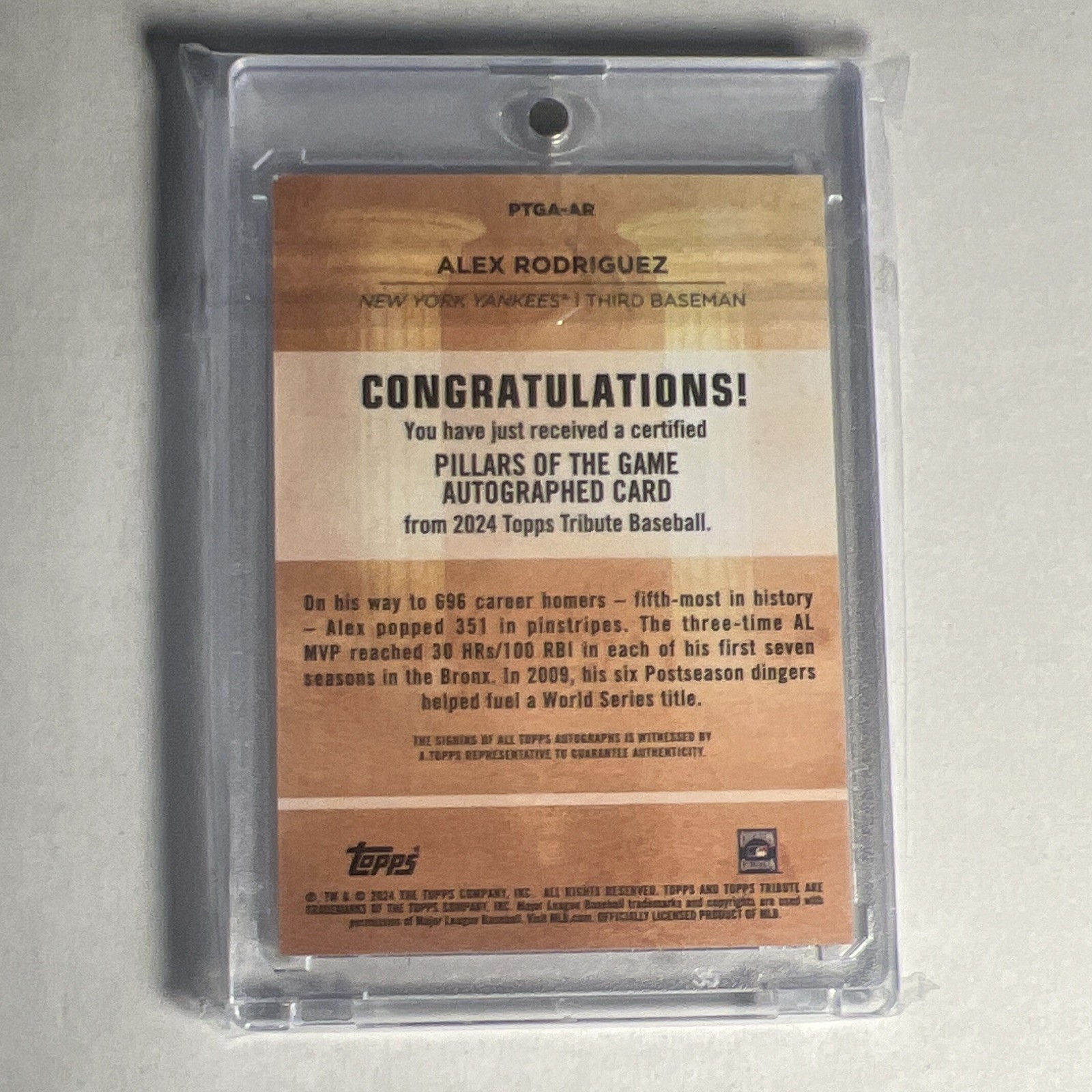 Topps 2024 Tribute Alex Rodriguez Pillars Game Auto PTGA-AR /99 Yankees