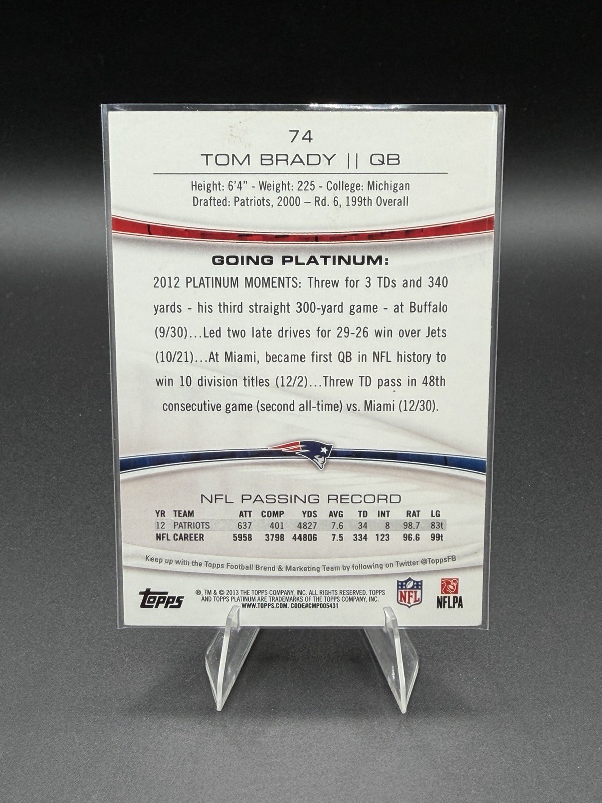 2013 Topps Platinum #74 Tom Brady Blue Sapphire Refractor Patriots HOF MVP