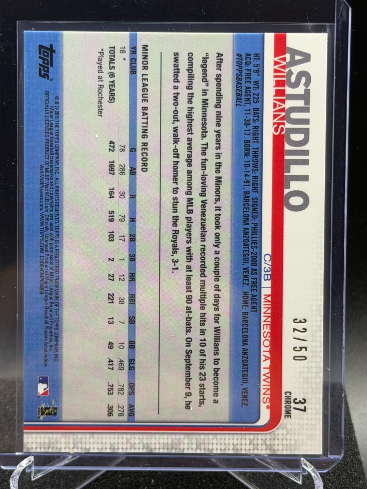 Willians Astudillo 2019 Topps Chrome Gold Wave Refractor #32/50 (RC) – Twins