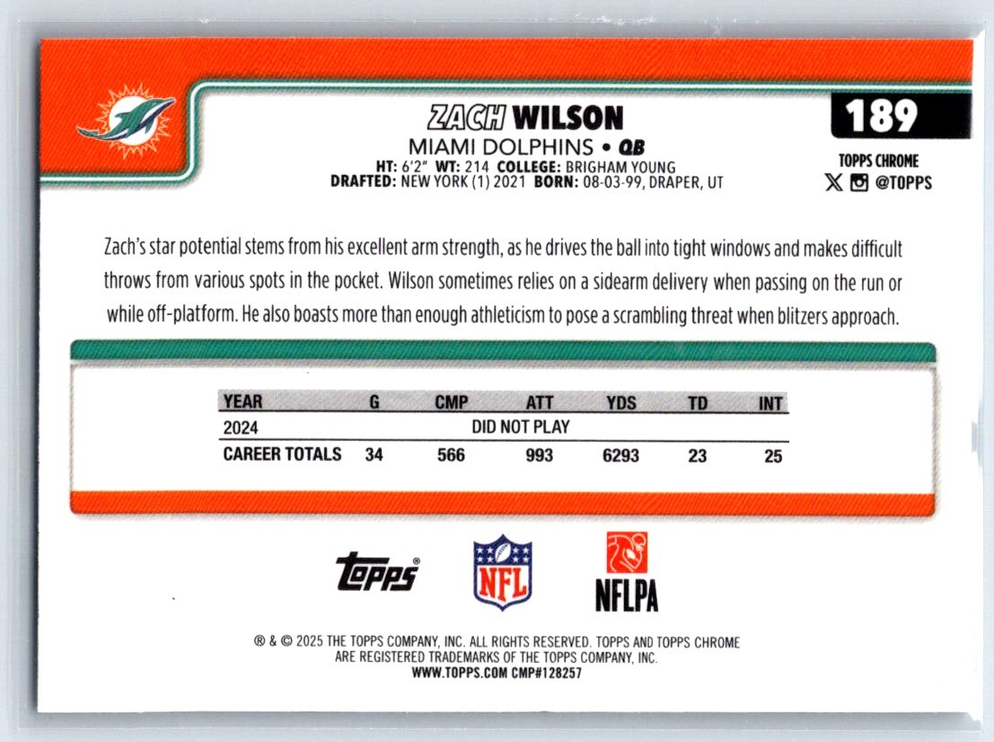 2025 Topps Chrome Zach Wilson Pulsar Refractor #189 Miami Dolphins