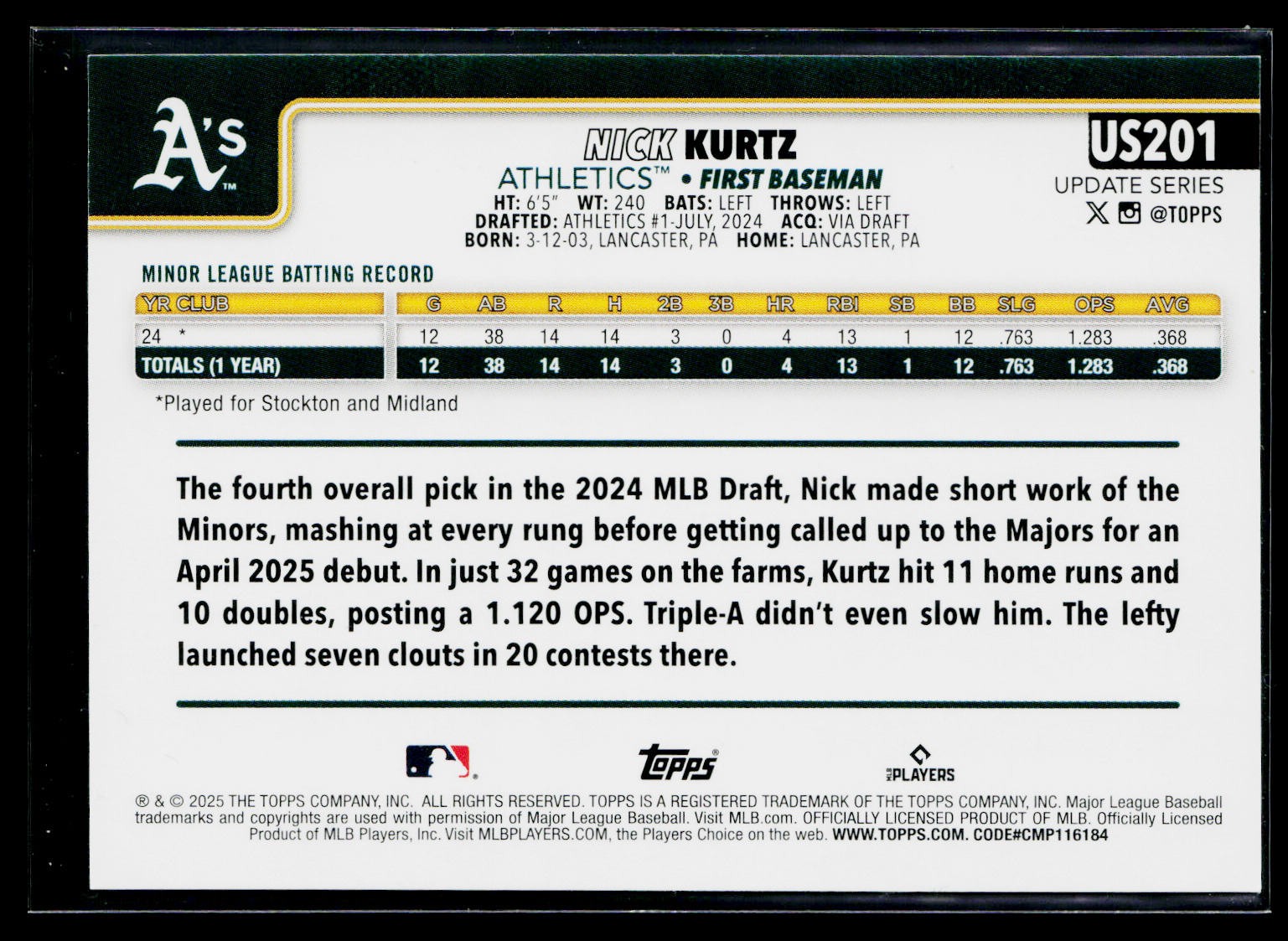 Nick Kurtz 2025 Topps Update #US201 Rainbow Foil Athletics RC