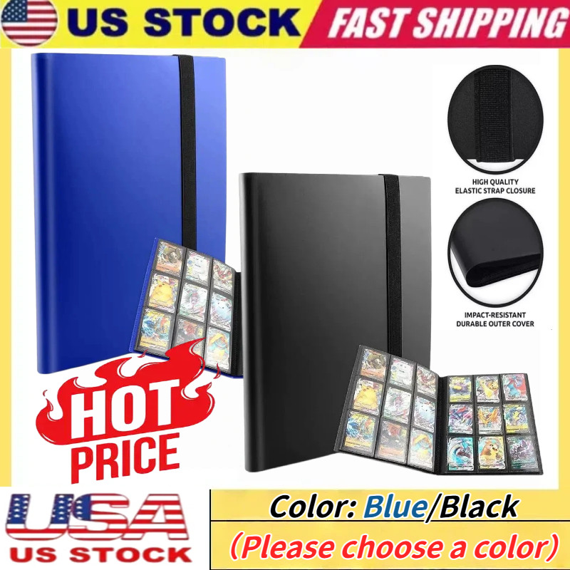 Card Pocket Binder with Elastic 9 Pocket Trading Cards Album Folder, Blue/Black