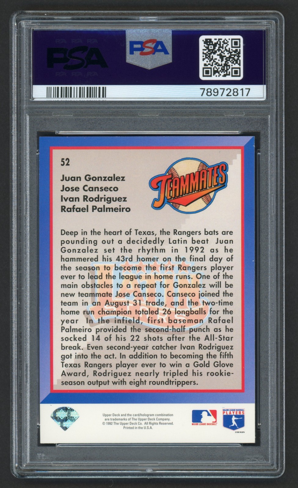 1993 UPPER DECK LATIN STARS #52 CANSECO RODRIGUEZ GONZALEZ PALMEIRO PSA 9 MINT