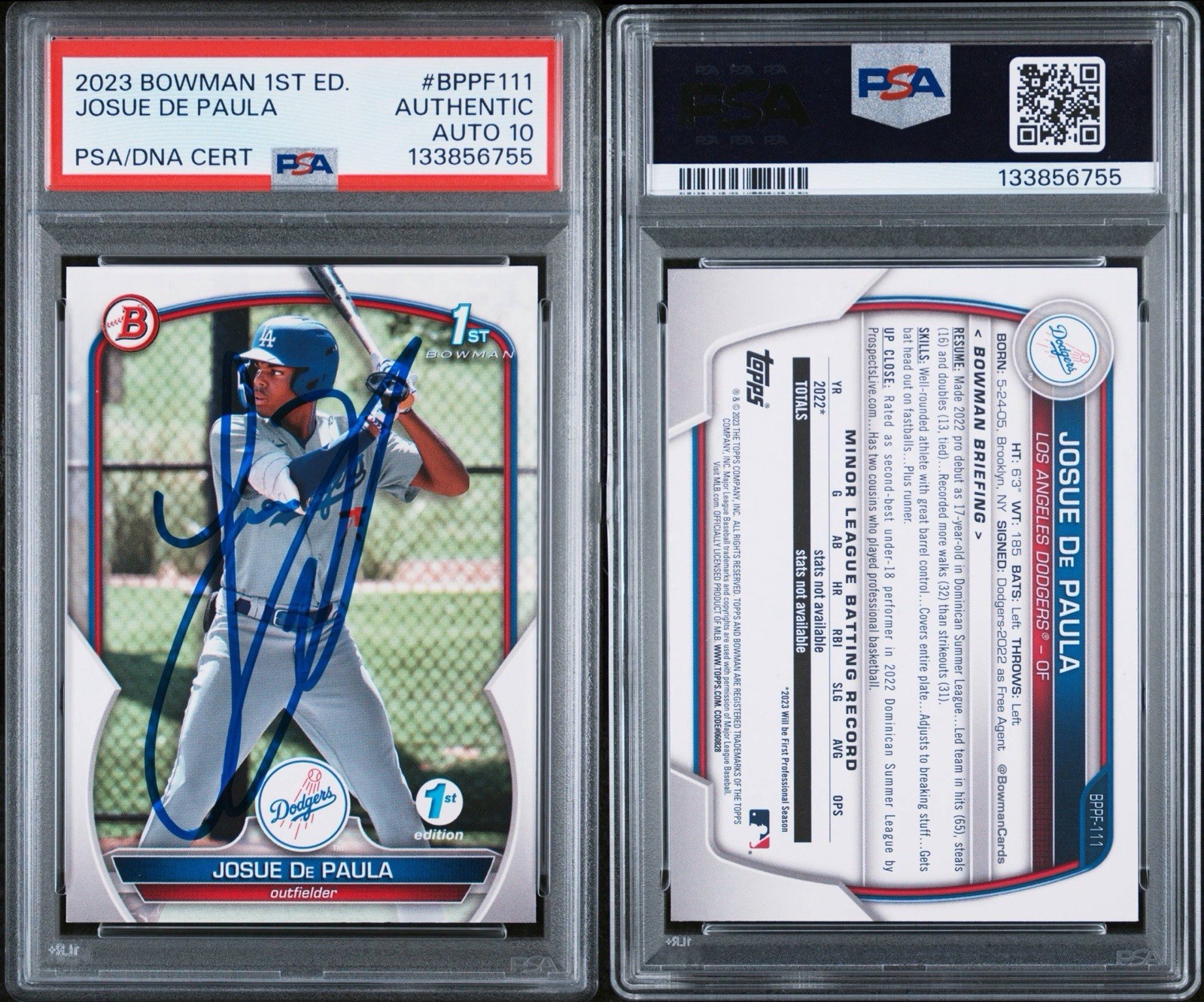 2023 Bowman 1st Edition #BPPF-111 SIGNED Josue De Paula Dodgers Autograph PSA 10