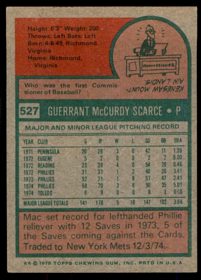 1975 TOPPS MAC SCARCE PHILADELPHIA PHILLIES #527 (T103)