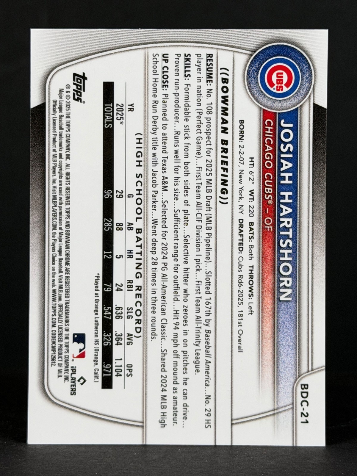 Josiah Hartshorn 2025 Bowman Draft Chrome 1st Bowman Green Reptilian /99 Cubs