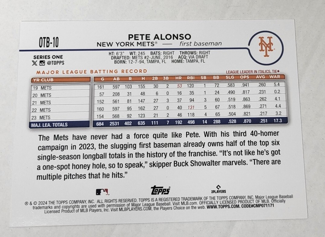 2024 Topps #OTB-10 PETE ALONSO Oversized Super Monster Box Topper