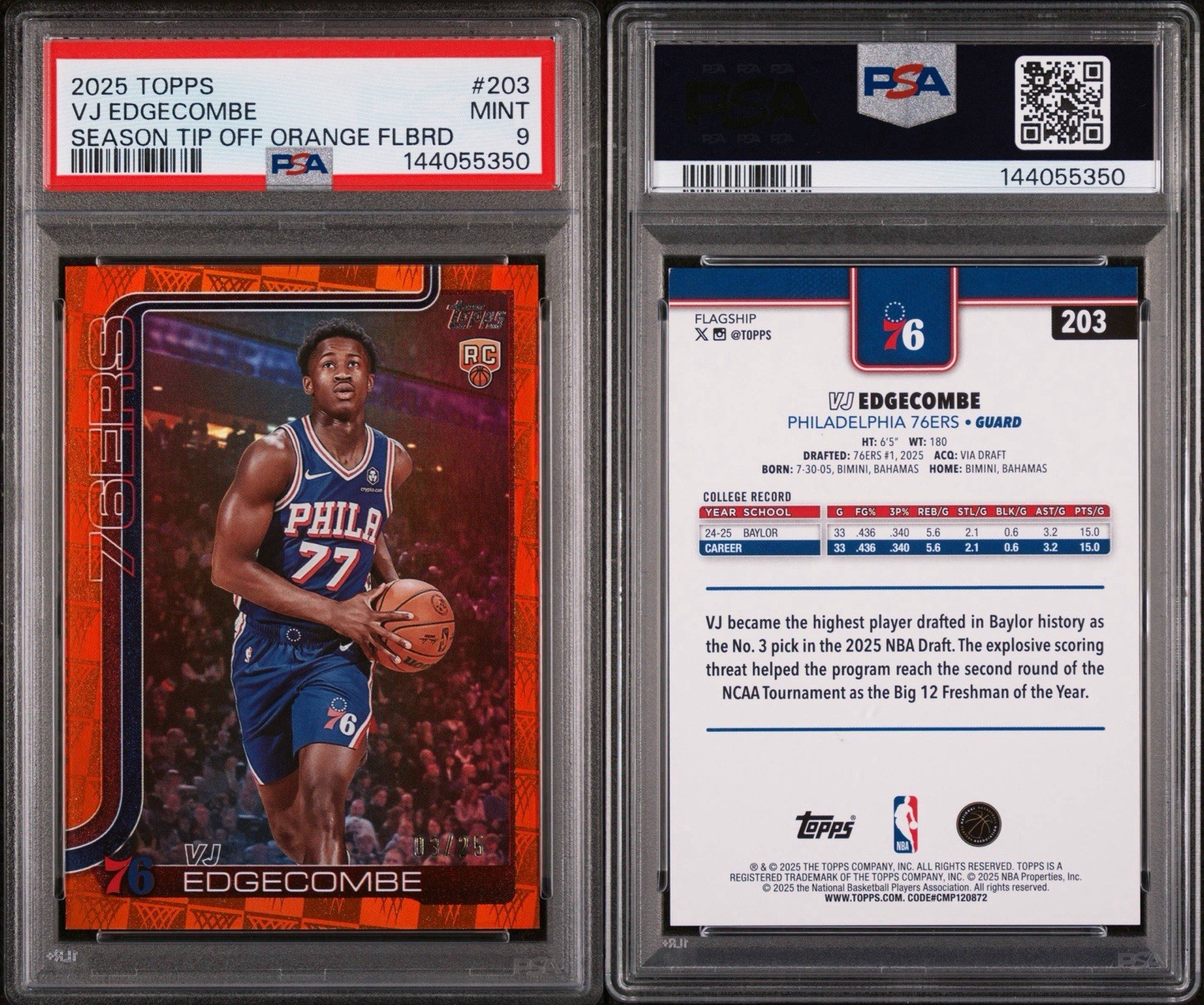 2025-26 Topps VJ Edgecombe #203 Orange Foil /25 PSA 9 Rookie Season Tip Off