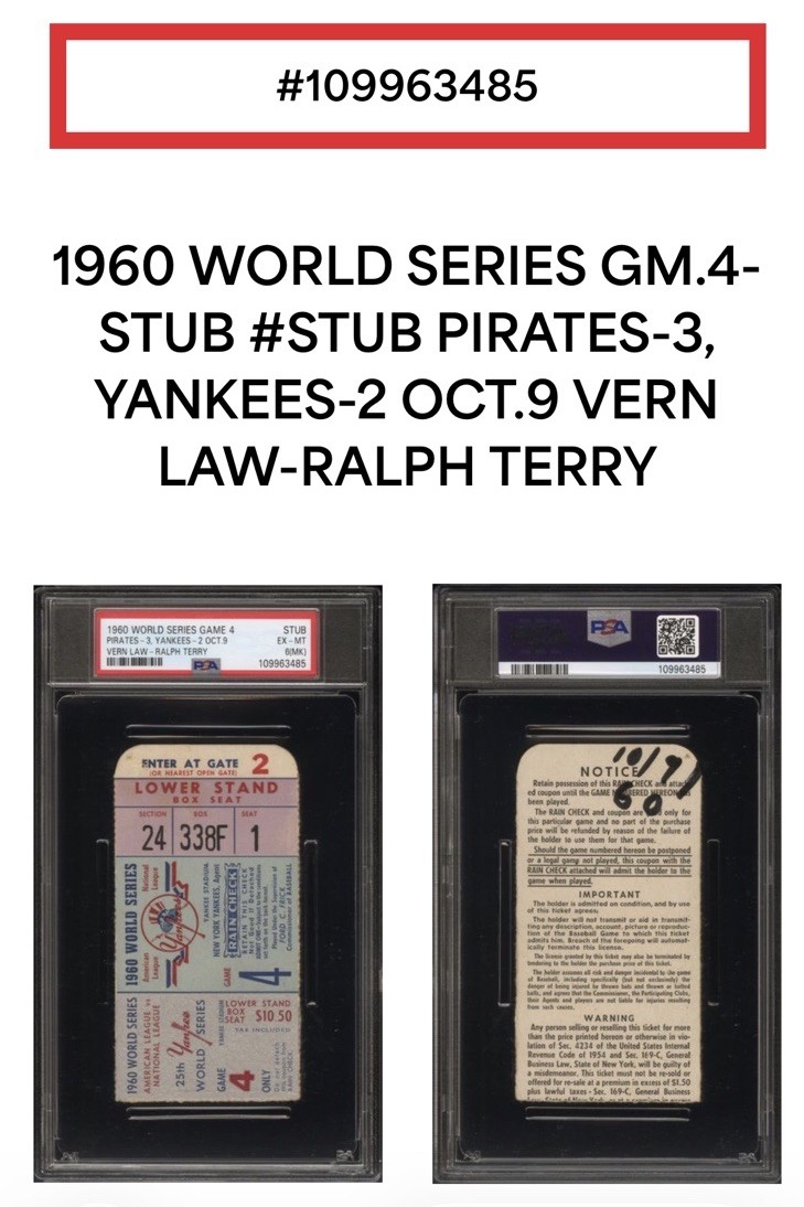 Psa 6mk None Higher 1960 World Series G4 Ticket Pirates Yankees Clemente Mantle