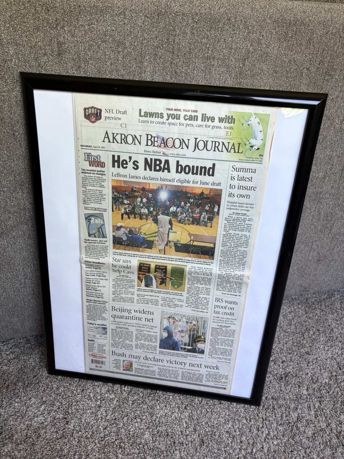 LEBRON JAMES 2003 NBA DRAFT DECISION AKRON BRACON NEWSPAPER 4/26/2003 FRAMED