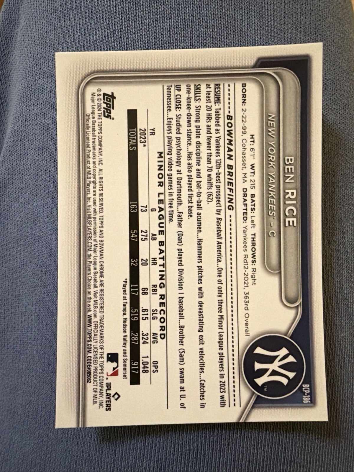 2024 Bowman Chrome Sapphire Ben Rice 1st New York Yankees BCP-186