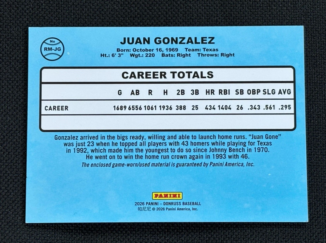 Juan Gonzalez Game Used Bat Relic 2026 Donruss Baseball RM-JG