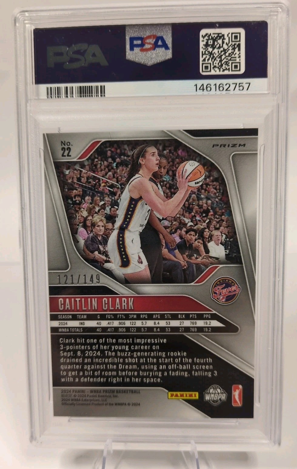 Caitlin Clark 2024 WNBA Panini Prizm Purple Prizm 121/149 Rookie RC PSA 7 #22
