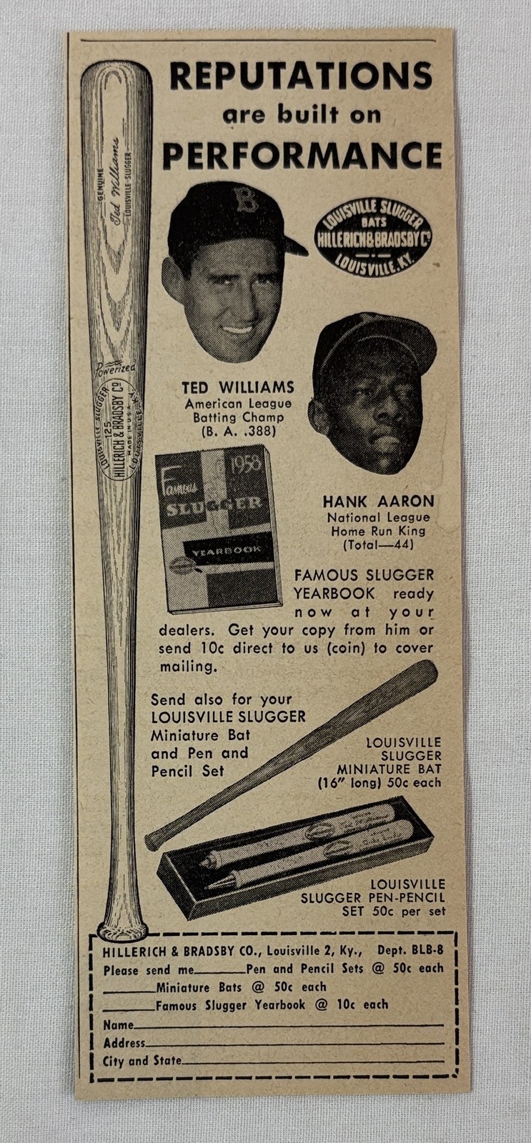 1958 Louisville Slugger ad~ TED WILLIAMS, HANK AARON