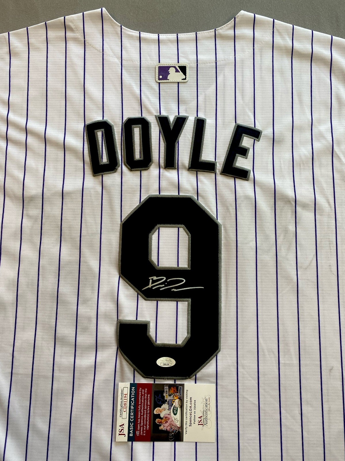 COLORADO ROCKIES- BRENTON DOYLE AUTOGRAPH #9 NIKE PINSTRIPE JERSEY JSA CD81194