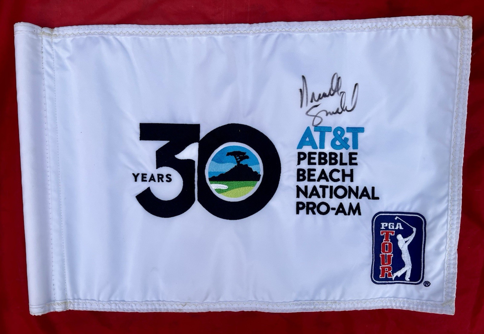 Course Flown AT&T Pebble Beach National Pro-Am Pin Flag. Brandt Snedeker Signed.