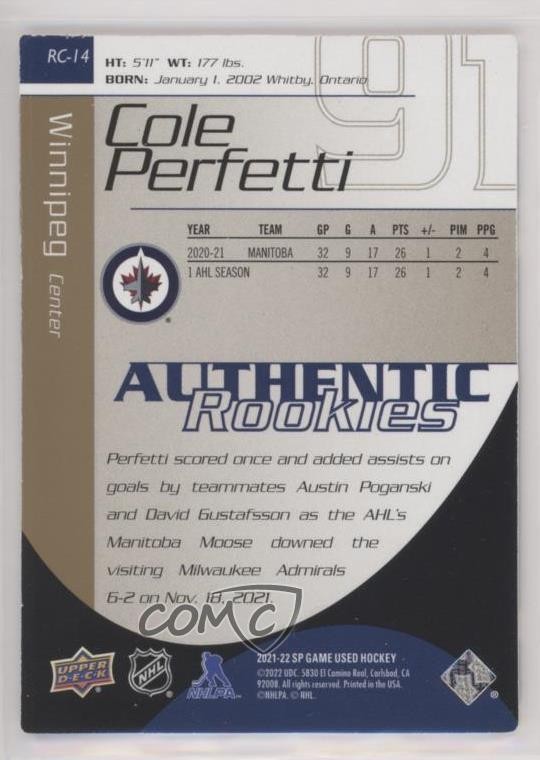 2021 SP Game Used 2003-04 Retro Rookies Gold 49/50 Cole Perfetti #RC-14 RC 14sr