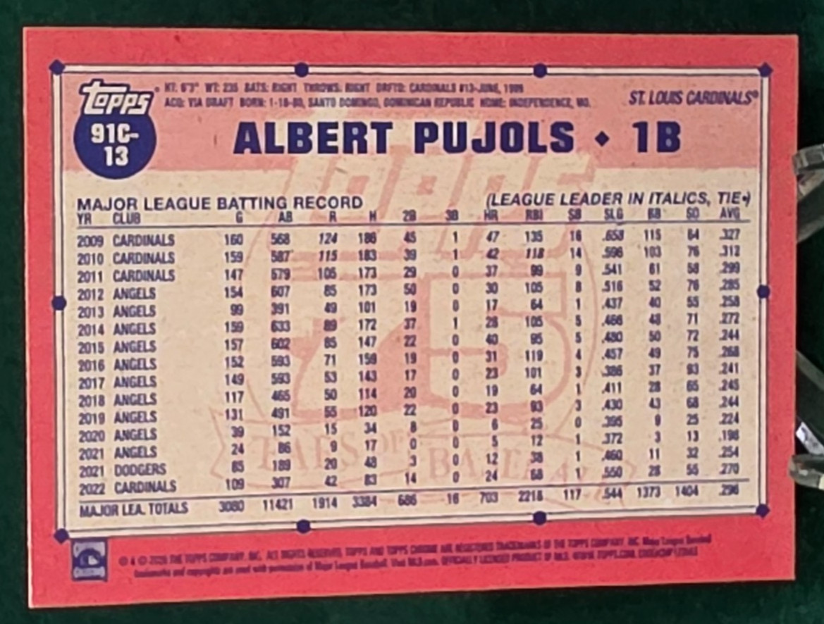 2026 Topps Series 1 ALBERT PUJOLS #91C-13 Silver Pack Green Refractor SP 37/99