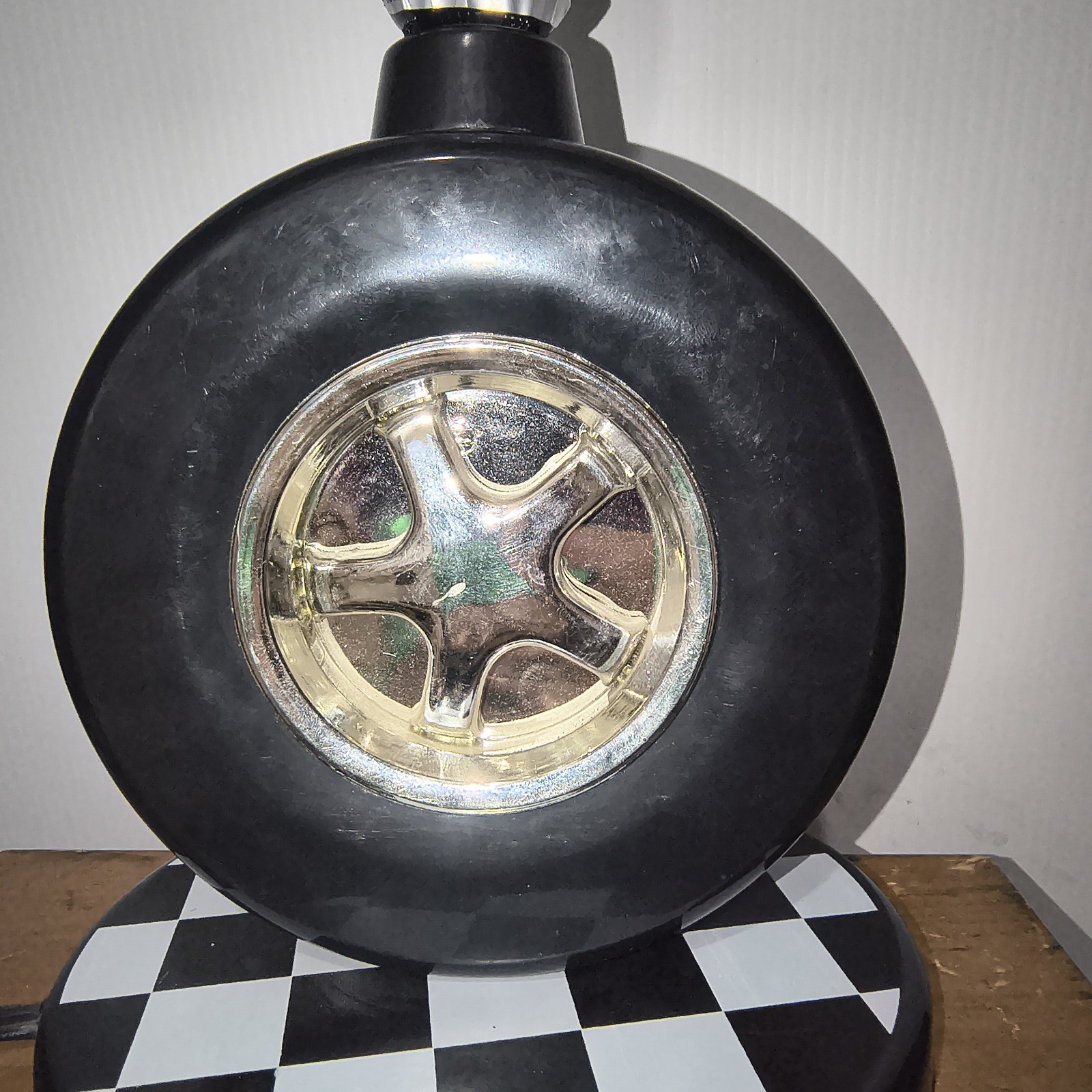 Vintage NASCAR Racing Table Lamp with Tire and Checkered Flag Base No Shade