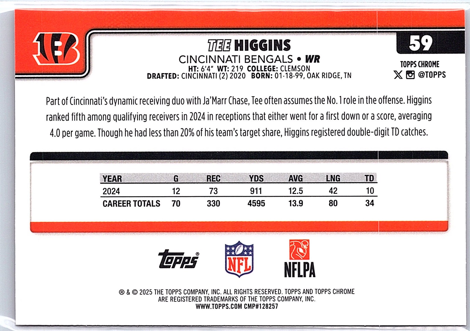 2025 Topps Chrome – Tee Higgins #59 HOT PINK X-FRACTOR Cincinnati Bengals