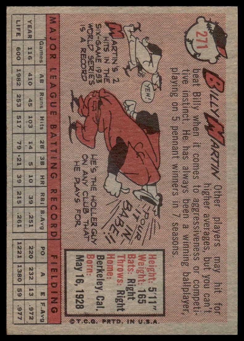 1958 Topps Billy Martin #271 Detroit Tigers – Excellent