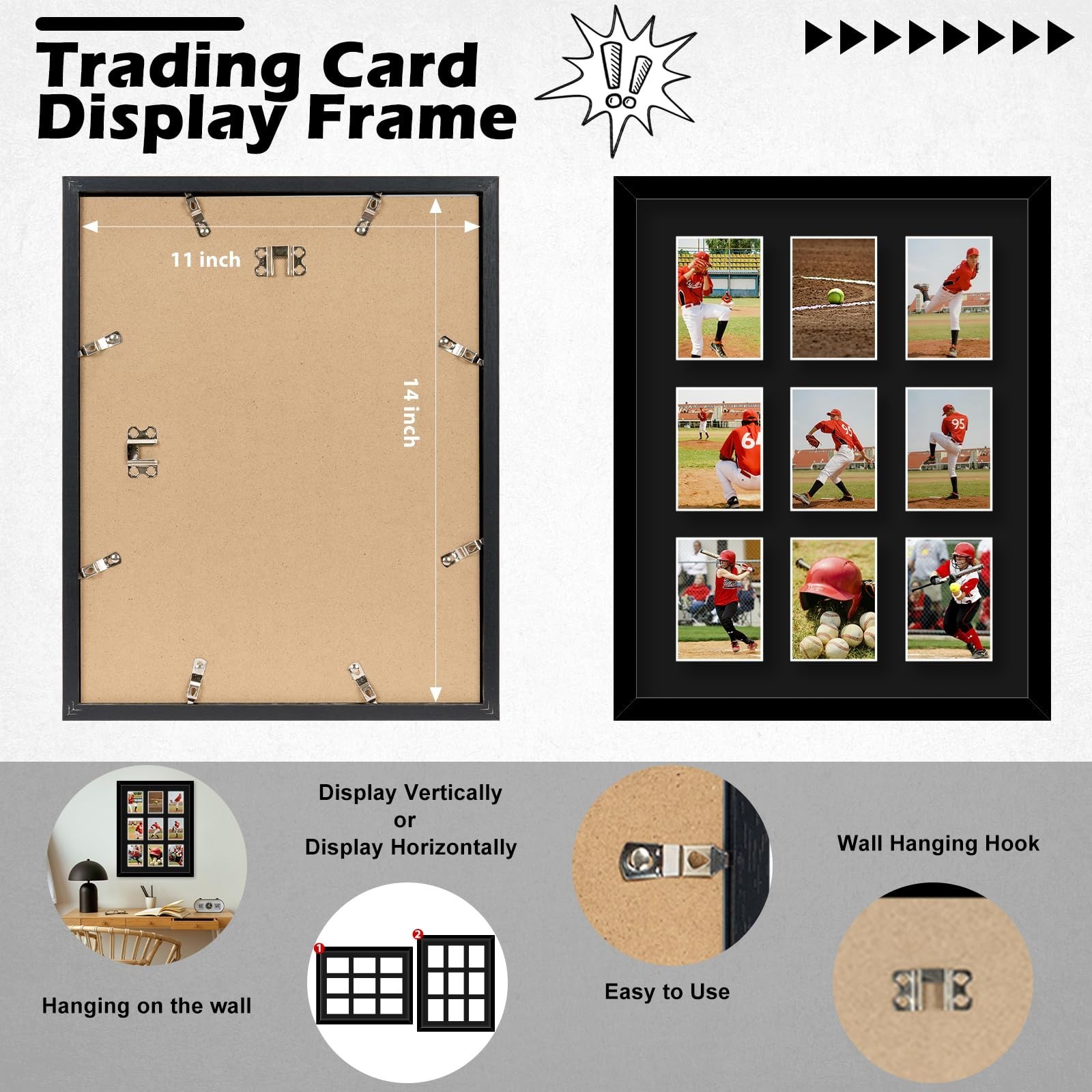 9-Card Trading Card Display Frame – Wall Mount for Sports Collectors, Black