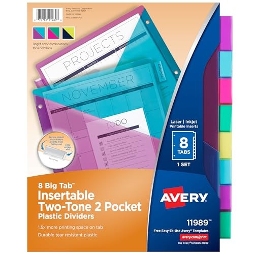 Big Tab Insertable Plastic 2 Pocket Dividers for 3 Ring Plastic Dividers