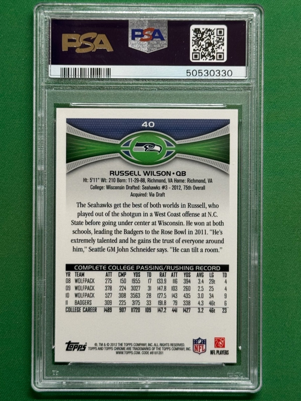 2012 Topps Chrome Football Stands in Background #40 Russell Wilson RC PSA 8