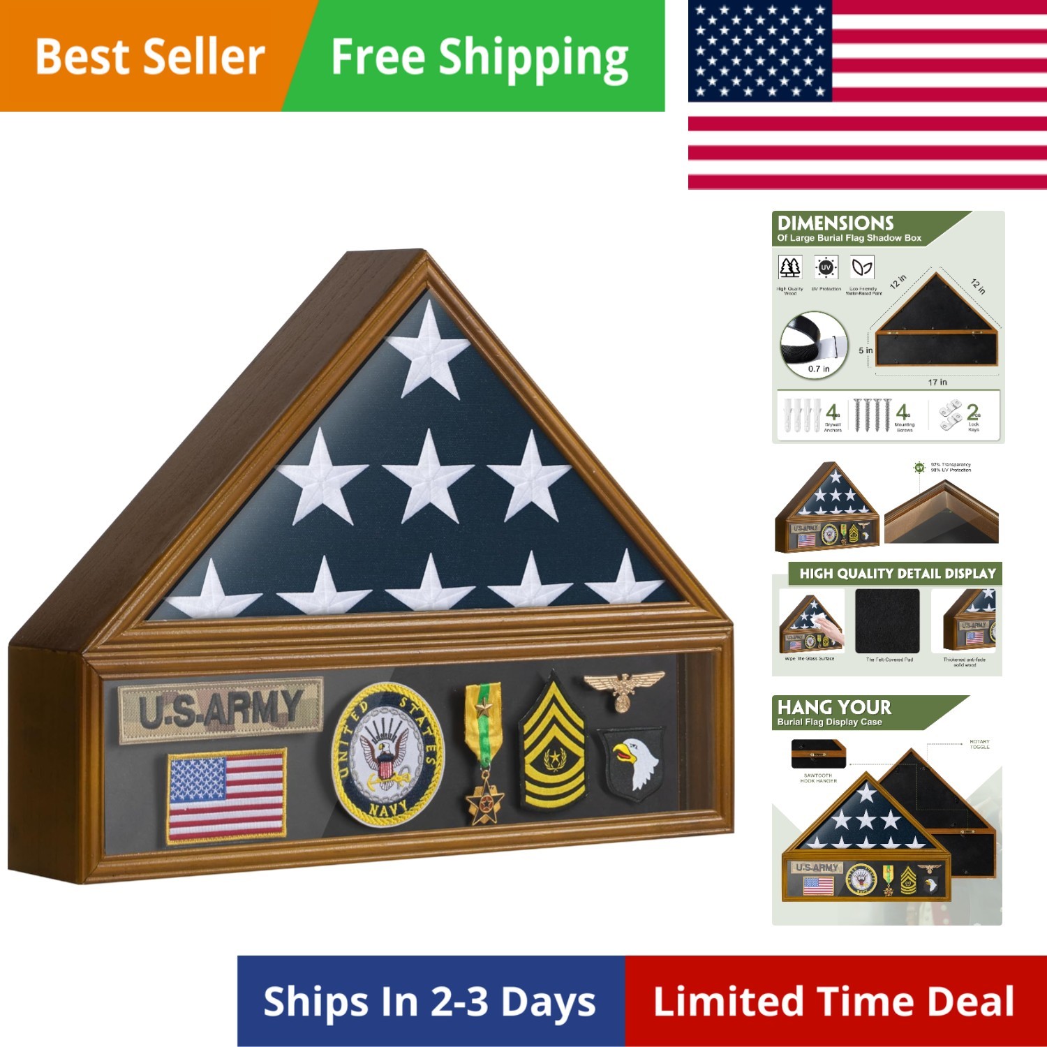 Flag Display Case for 3×5 US Flag Wall Mount Memorial Memorial Veterans