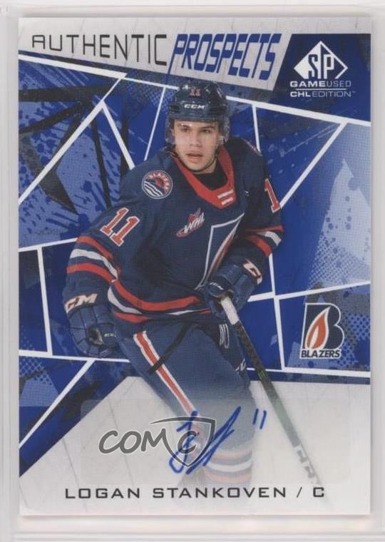 2021-22 Upper Deck SP Game Used CHL Edition Blue Logan Stankoven #33 Auto 10×3