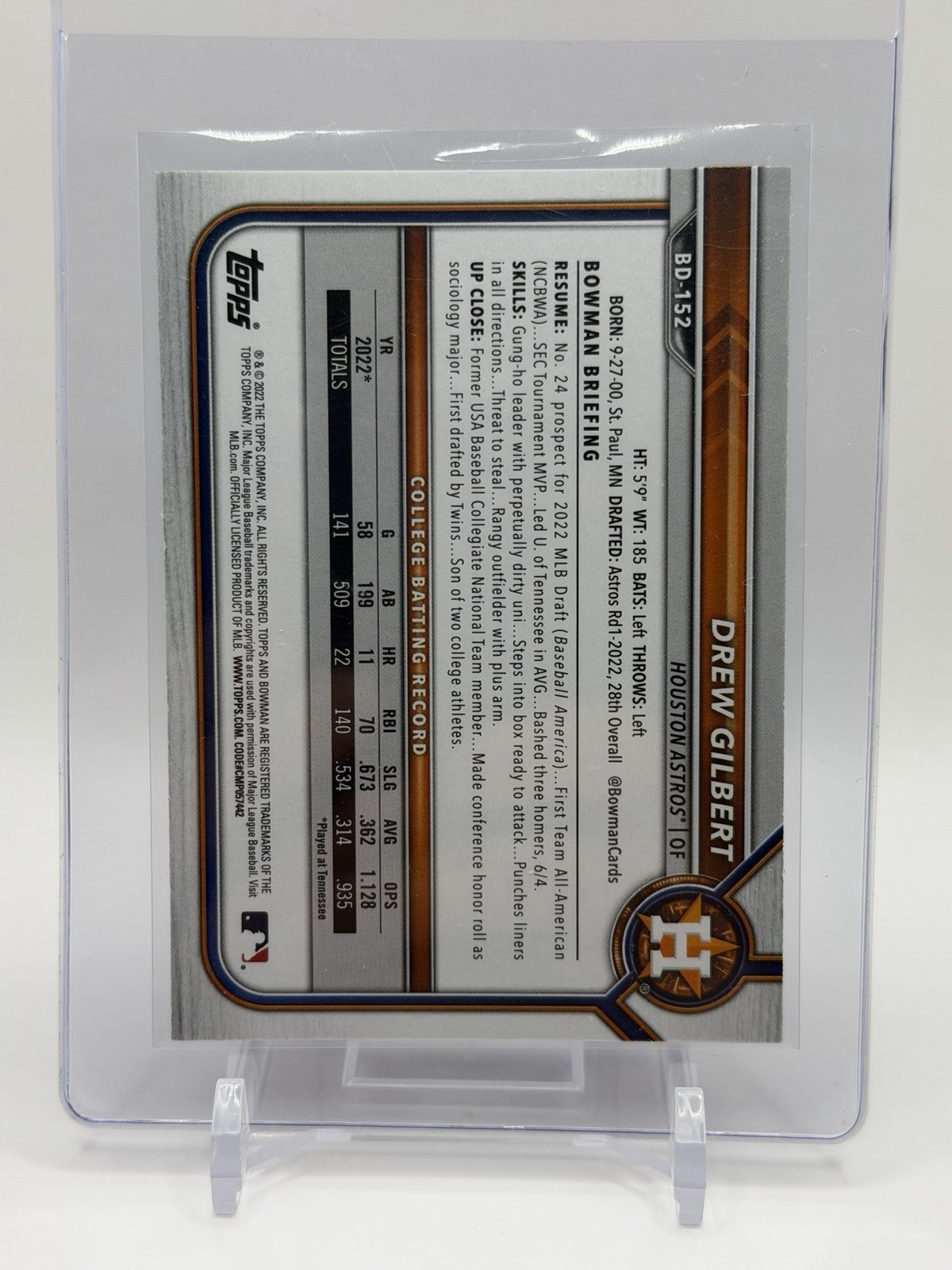 Topps 2022 Bowman Draft 1st Edition Drew Gilbert Astros RC Gold Foil /50 #BD-152