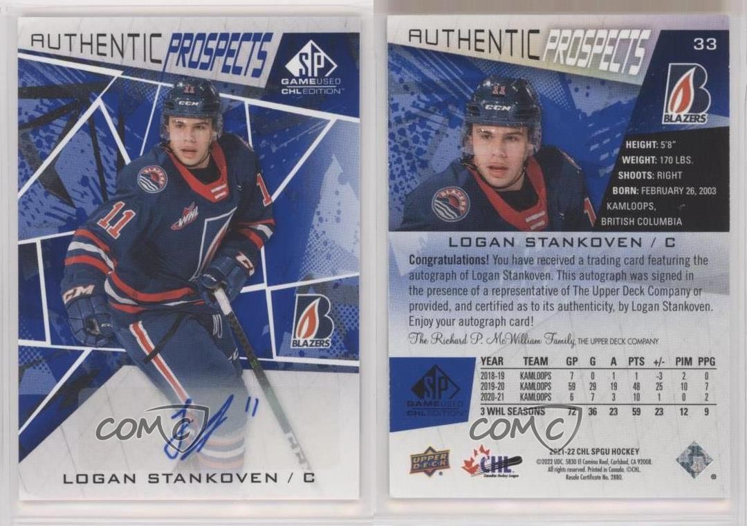 2021-22 Upper Deck SP Game Used CHL Edition Blue Logan Stankoven #33 Auto 10×3