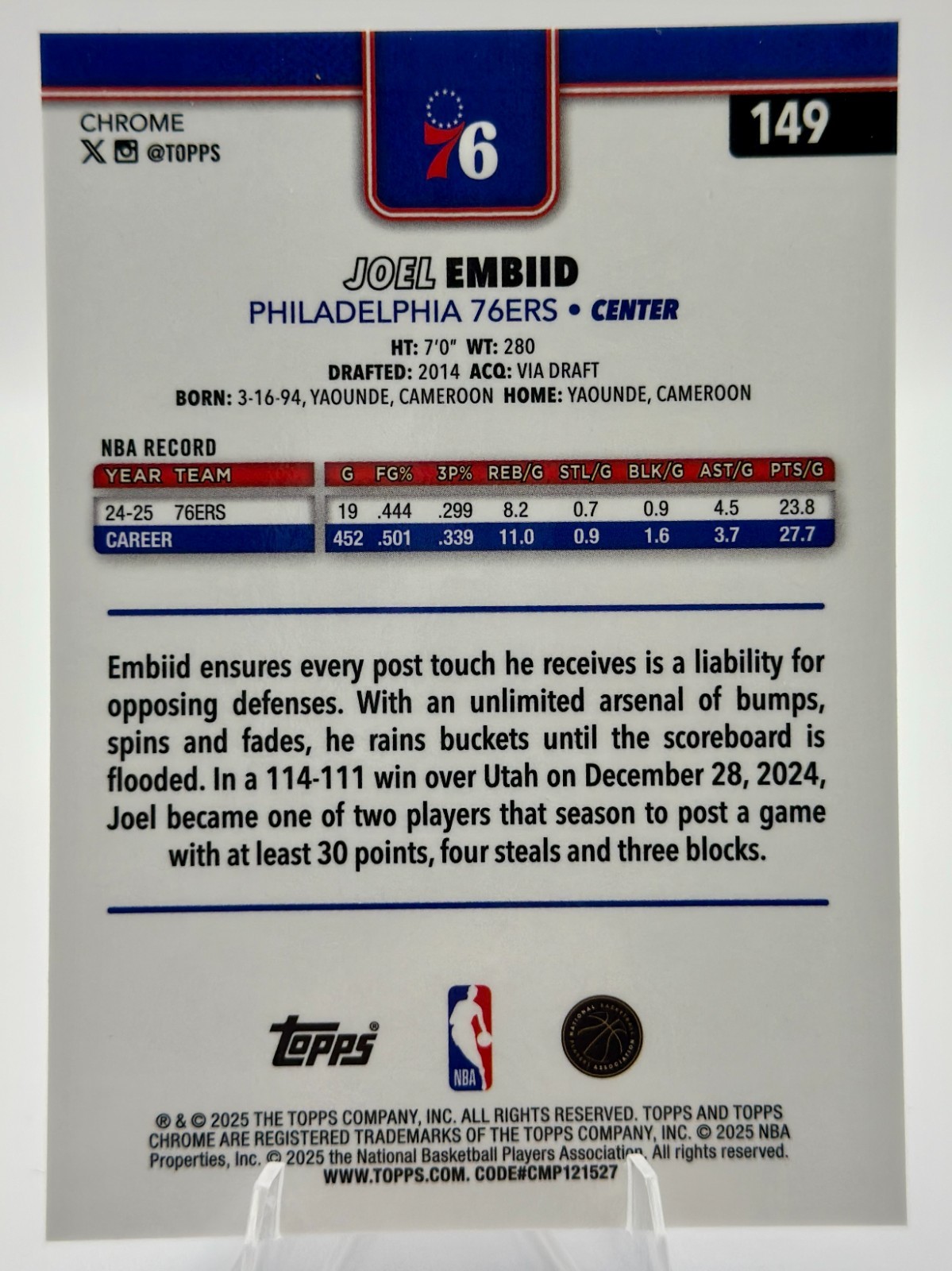 2025-26 Topps Chrome Basketball Joel Embiid Blue X-Fractor #149 76ers