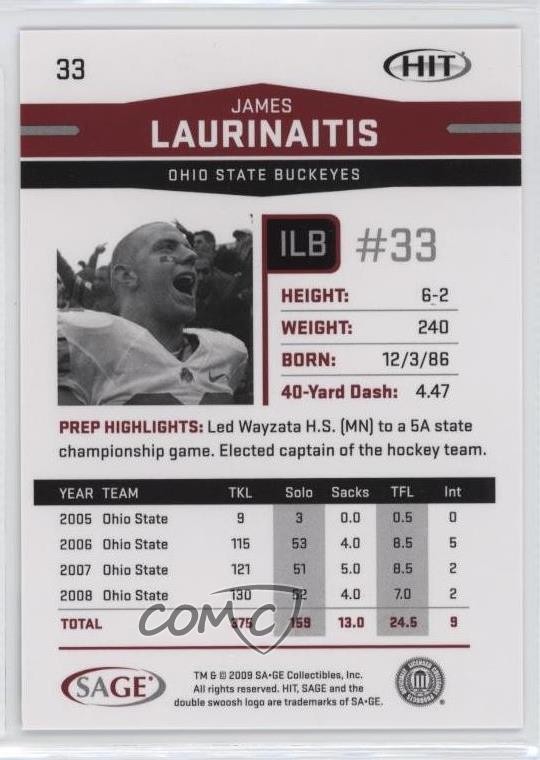 2009 SAGE Hit James Laurinaitis #33 Rookie RC 0g7