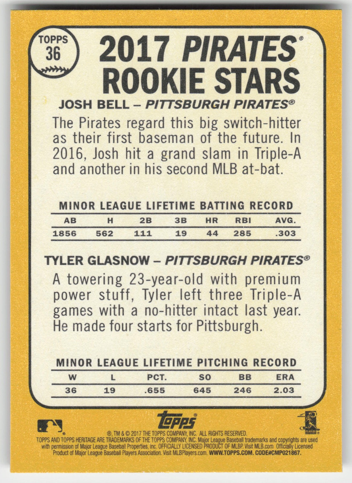 2017 Topps Heritage (Josh Bell / Tyler Glasnow) Rookie #36 Pirates RC