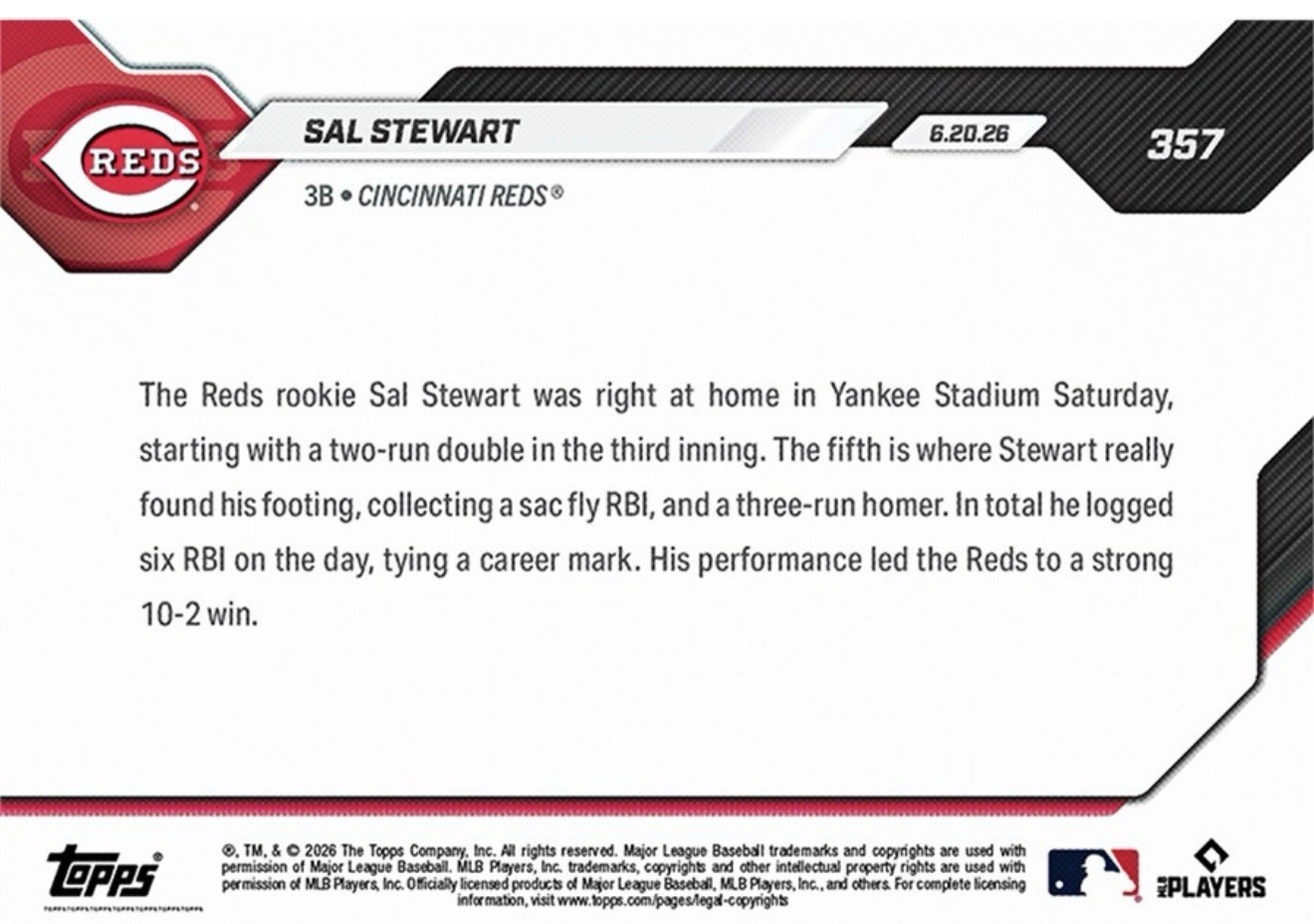 Sal Stewart RC 6-RBI Game 2026 MLB Topps NOW Card 357 Presale