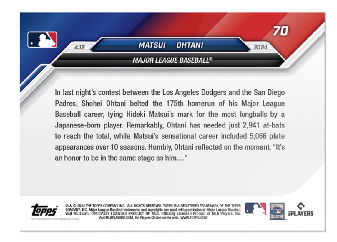 2024 Topps Now #70 Hideki Matsui Shohei Ohtani Los Angeles Dodgers