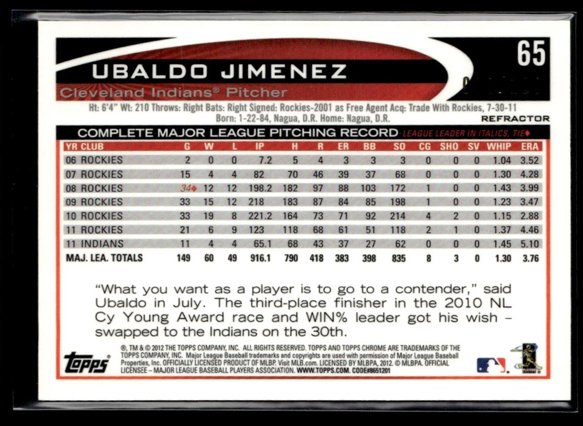 2012 Topps Chrome Black Refractor Ubaldo Jimenez /100 Cleveland Indians #65