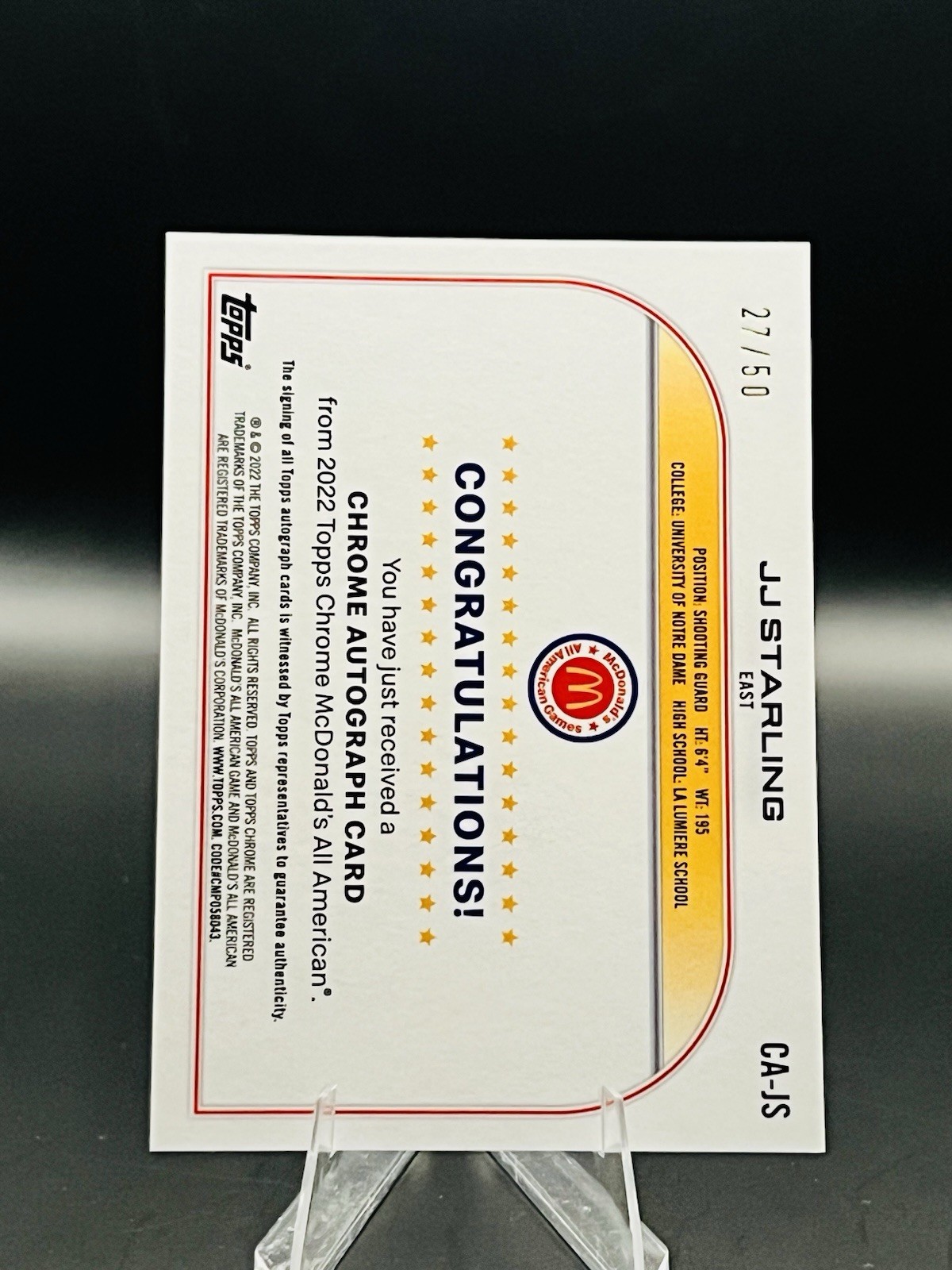 2022 Mcdonald’s All American JJ Starling Gold Ray Wave Auto /50