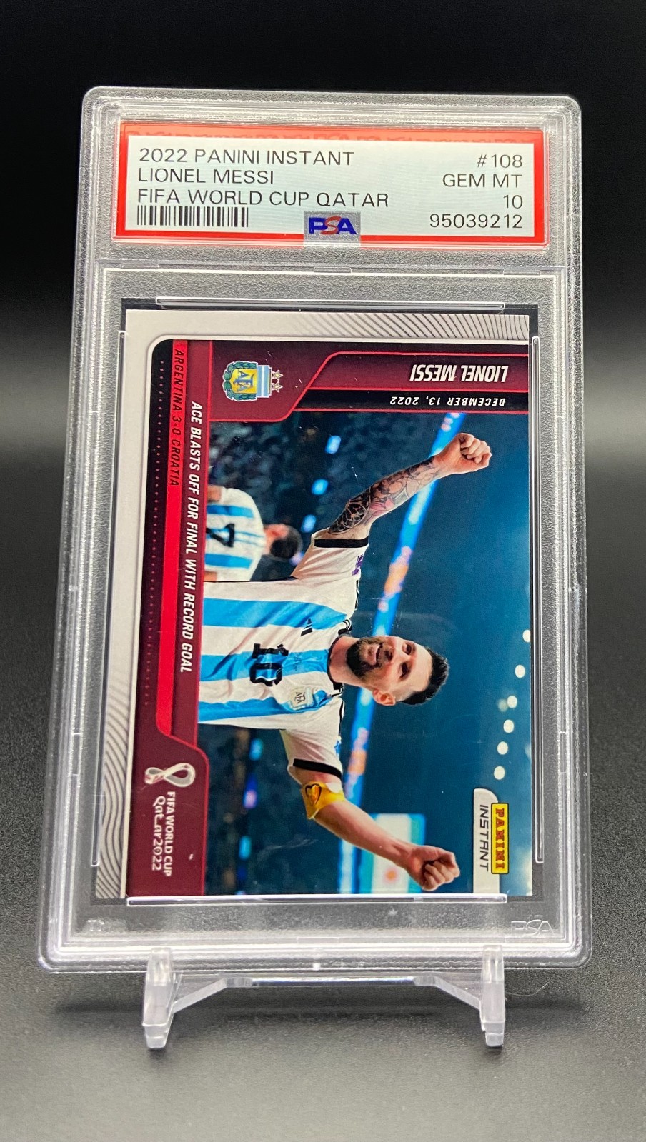 LIONEL MESSI – 2022 Panini Instant FIFA WORLD CUP QATAR RECORD GOAL – PSA 10